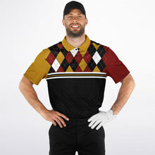 Load image into Gallery viewer, Golf Argyle Gold Red & Black Polo Shirt - AOP