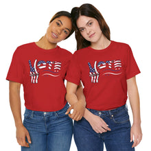 Load image into Gallery viewer, VOTE Peace Fingers American Flag Unisex Jersey Short Sleeve Tee