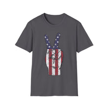 Load image into Gallery viewer, Independence Day 4th of July Peace Fingers USA Flag Unisex Softstyle T-Shirt