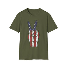 Load image into Gallery viewer, Independence Day 4th of July Peace Fingers USA Flag Unisex Softstyle T-Shirt