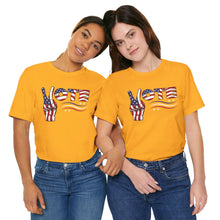Load image into Gallery viewer, VOTE Peace Fingers American Flag Unisex Jersey Short Sleeve Tee