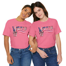 Load image into Gallery viewer, VOTE Peace Fingers American Flag Unisex Jersey Short Sleeve Tee
