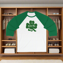 Load image into Gallery viewer, Kiss Me I’m Feeling Lucky St Patrick’s Day Unisex 3\4 Sleeve Baseball Tee