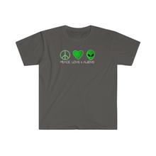Load image into Gallery viewer, Peace Love and Aliens Unisex Softstyle T-Shirt