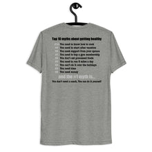 Load image into Gallery viewer, Late Night Top 10 Myths About Getting Healthy Cool Dry Tri Blend Short sleeve t-shirt *** WHEN ORDERING THIS PRODUCT YOU MUST INCLUDE YOUR EMAIL ADDRESS. ***