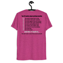 Load image into Gallery viewer, Late Night Top 10 Myths About Getting Healthy Cool Dry Tri Blend Short sleeve t-shirt *** WHEN ORDERING THIS PRODUCT YOU MUST INCLUDE YOUR EMAIL ADDRESS. ***
