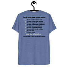 Load image into Gallery viewer, Late Night Top 10 Myths About Getting Healthy Cool Dry Tri Blend Short sleeve t-shirt *** WHEN ORDERING THIS PRODUCT YOU MUST INCLUDE YOUR EMAIL ADDRESS. ***