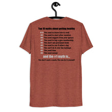 Load image into Gallery viewer, Late Night Top 10 Myths About Getting Healthy Cool Dry Tri Blend Short sleeve t-shirt *** WHEN ORDERING THIS PRODUCT YOU MUST INCLUDE YOUR EMAIL ADDRESS. ***