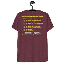 Load image into Gallery viewer, Late Night Top 10 Myths About Getting Healthy Cool Dry Tri Blend Short sleeve t-shirt *** WHEN ORDERING THIS PRODUCT YOU MUST INCLUDE YOUR EMAIL ADDRESS. ***