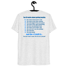 Load image into Gallery viewer, Late Night Top 10 Myths About Getting Healthy Cool Dry Tri Blend Short sleeve t-shirt *** WHEN ORDERING THIS PRODUCT YOU MUST INCLUDE YOUR EMAIL ADDRESS. ***
