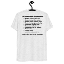 Load image into Gallery viewer, Late Night Top 10 Myths About Getting Healthy Cool Dry Tri Blend Short sleeve t-shirt *** WHEN ORDERING THIS PRODUCT YOU MUST INCLUDE YOUR EMAIL ADDRESS. ***