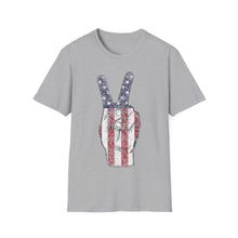 Load image into Gallery viewer, Independence Day 4th of July Peace Fingers USA Flag Unisex Softstyle T-Shirt
