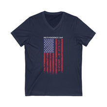 Load image into Gallery viewer, Independence Day USA Flag July 4th 2024 Unisex Jersey Short Sleeve V-Neck Tee
