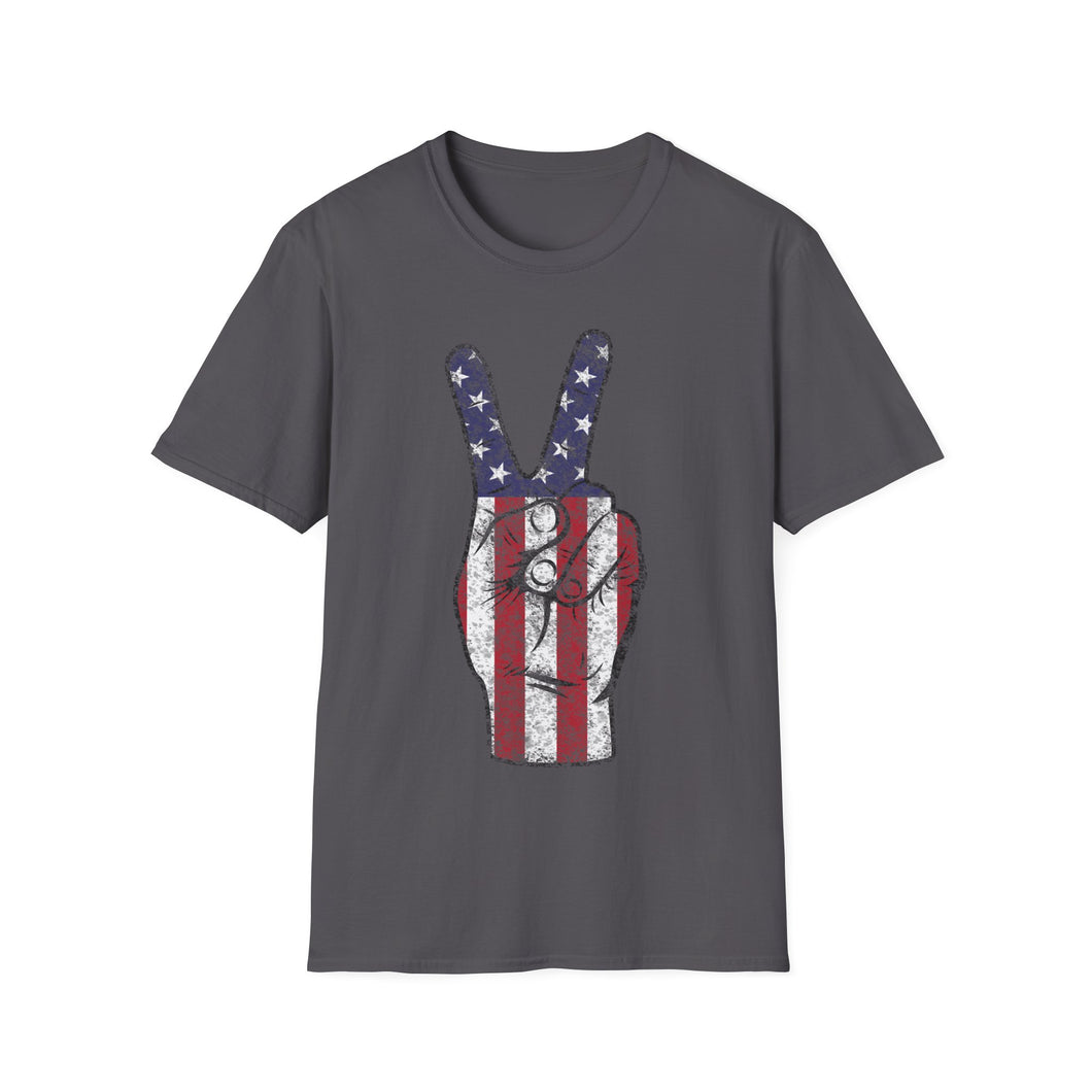 Independence Day 4th of July Peace Fingers USA Flag Unisex Softstyle T-Shirt