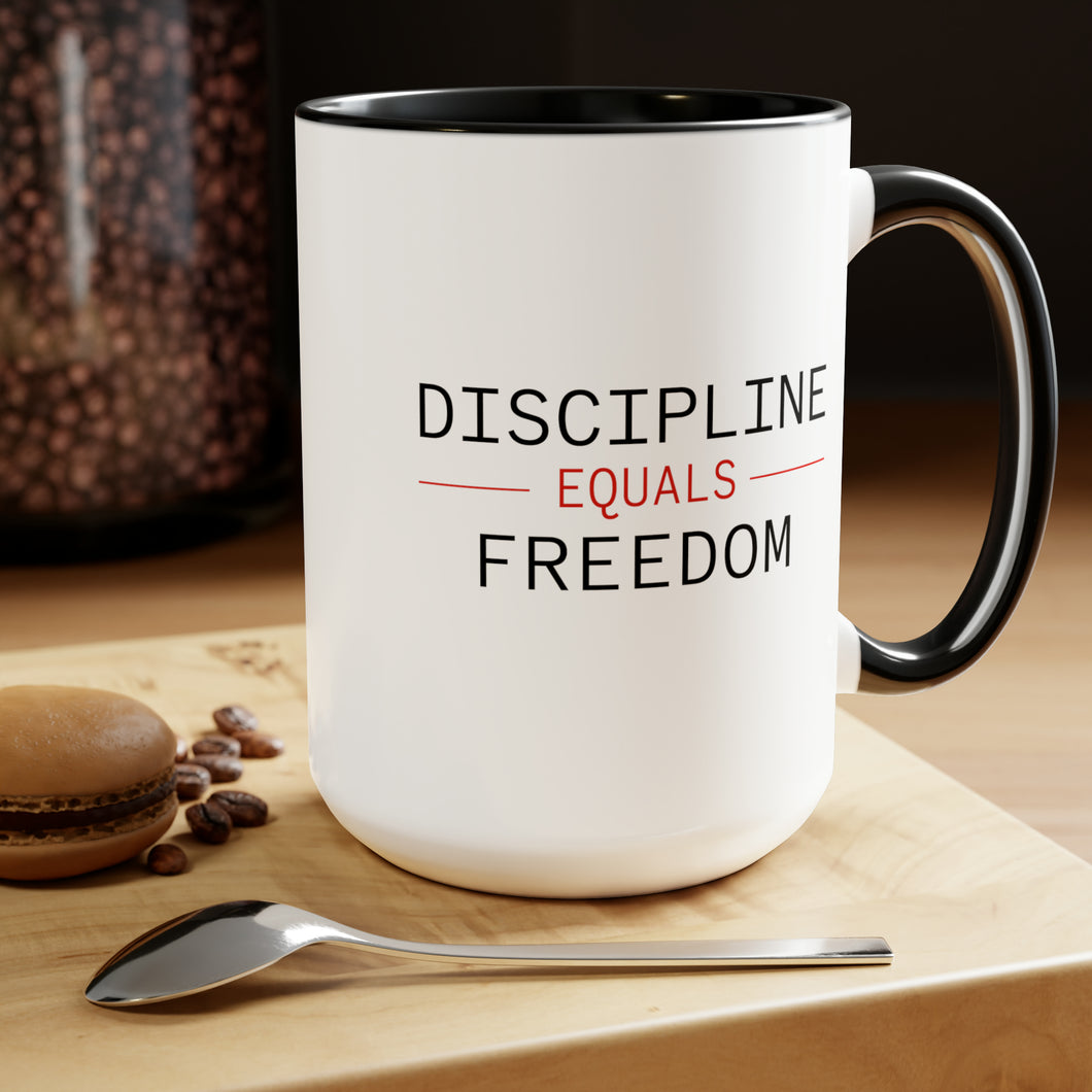 Health Coach Muscle Heart Barbell discipline equals freedom Two-Tone Coffee Mugs, 15oz