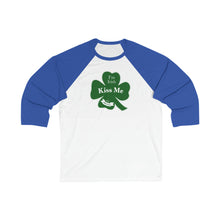 Load image into Gallery viewer, Kiss Me I’m Feeling Lucky St Patrick’s Day Unisex 3\4 Sleeve Baseball Tee
