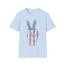 Load image into Gallery viewer, Independence Day 4th of July Peace Fingers USA Flag Unisex Softstyle T-Shirt
