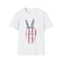 Load image into Gallery viewer, Independence Day 4th of July Peace Fingers USA Flag Unisex Softstyle T-Shirt
