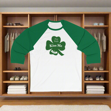 Load image into Gallery viewer, Kiss Me I’m Feeling Lucky St Patrick’s Day Unisex 3\4 Sleeve Baseball Tee
