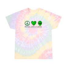 Load image into Gallery viewer, Peace Love and Aliens Tie-Dye Tee, Spiral
